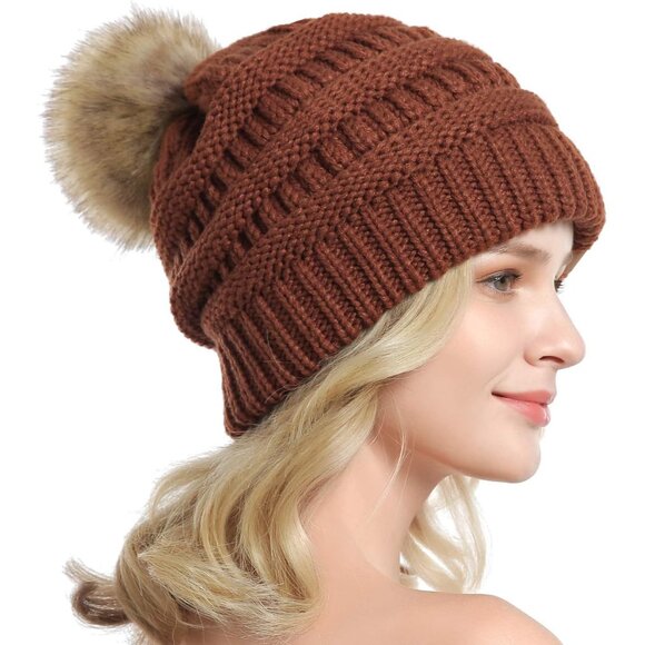 Women Rust Soft Acrylic Thick Baggy Knit Winter Faux Fur Pompom Beanie - Picture 4 of 6